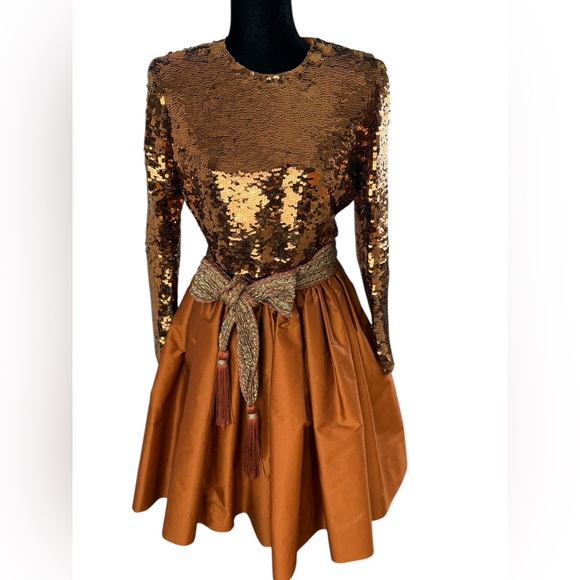 Vintage Oscar de la Renta Studio Sequin and Silk Bronze Formal Mini Dress - Picture 7 of 15